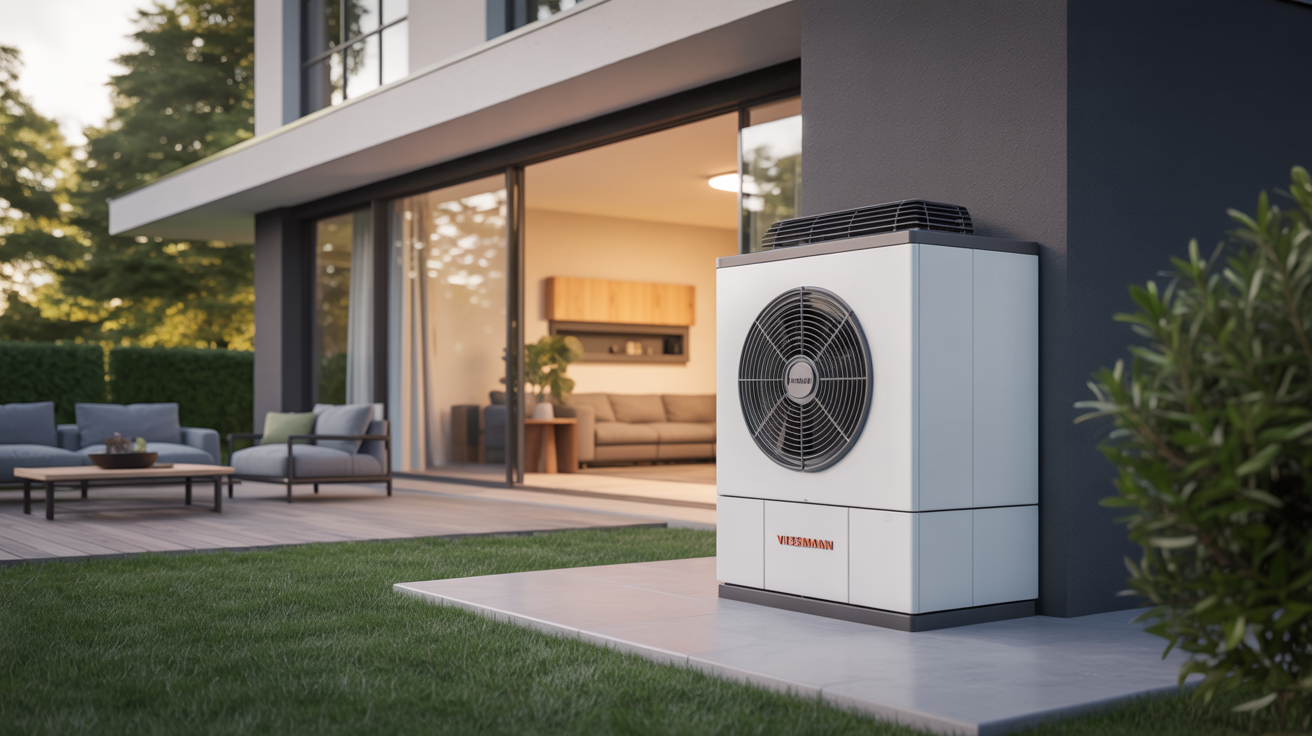 pompe à chaleur viessmann haute température installée à l’extérieur d’une maison moderne
