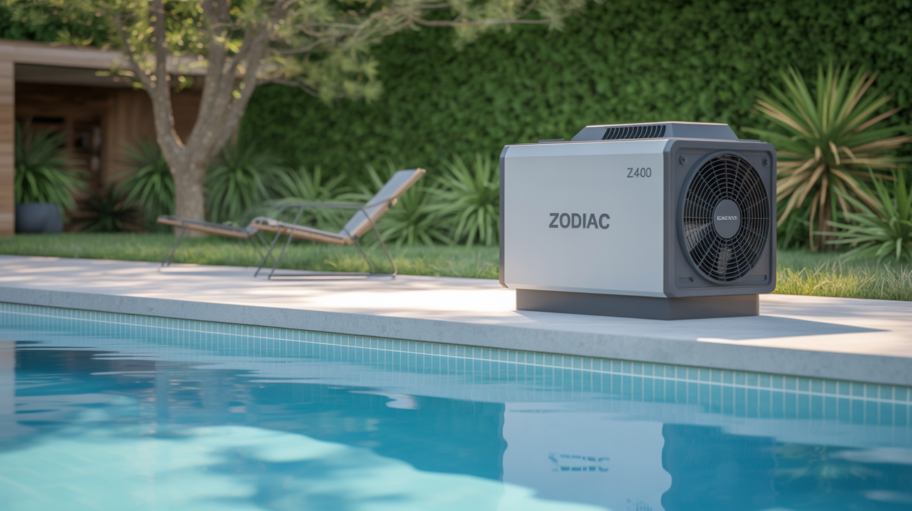 pompe a chaleur zodiac z400 installée à côté d’une piscine moderne en extérieur