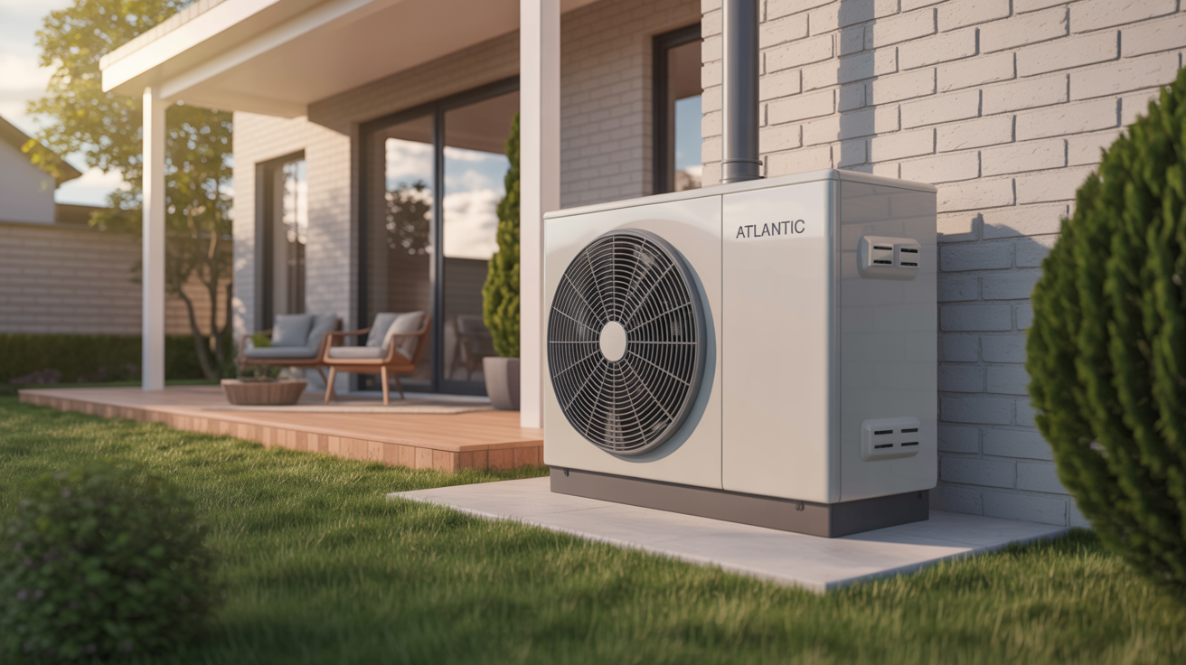 pompe atlantic installée à l’extérieur d’une maison avec un jardin soigné