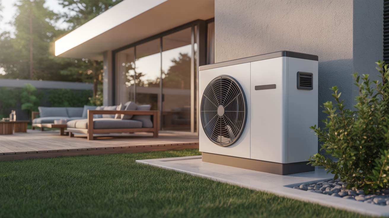 pompe chaleur air eau prix installée devant une maison récente avec un jardin soigné