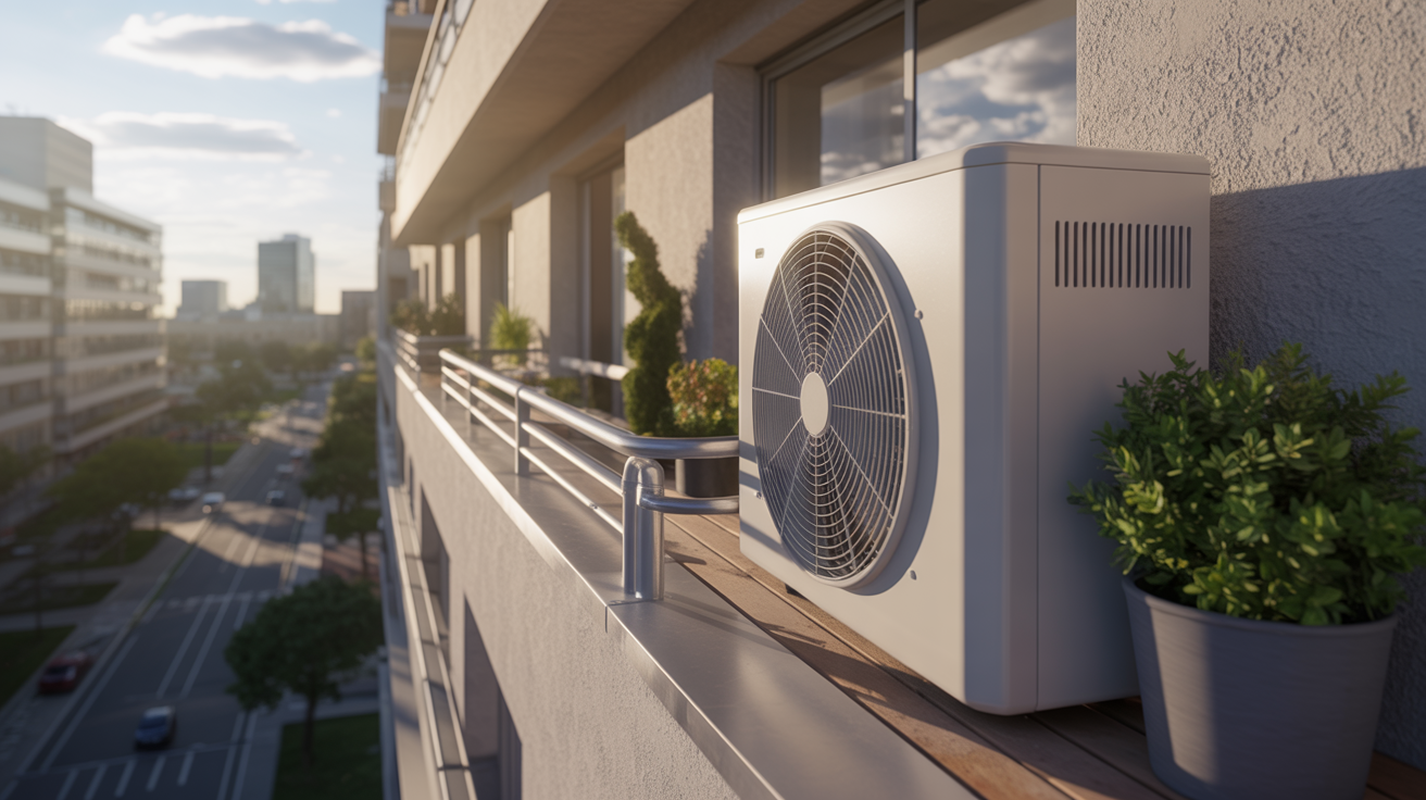 pompe chaleur appartement installée sur un balcon moderne en milieu urbain