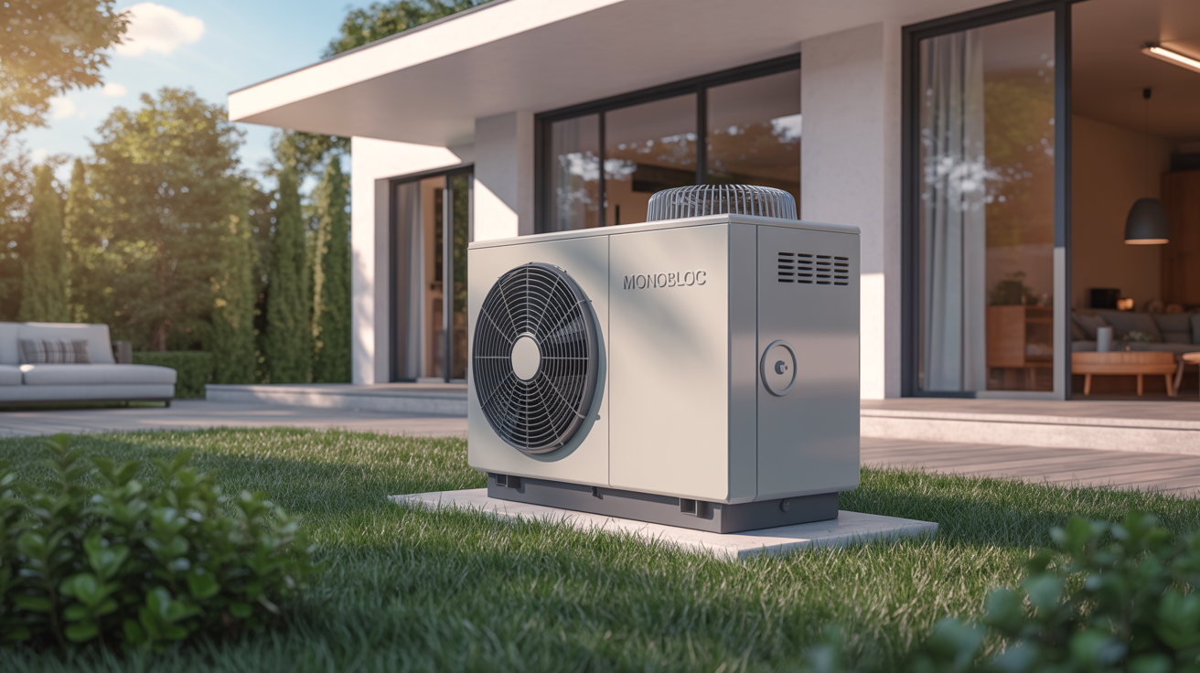 pompe chaleur monobloc installée à l’extérieur d’une maison contemporaine