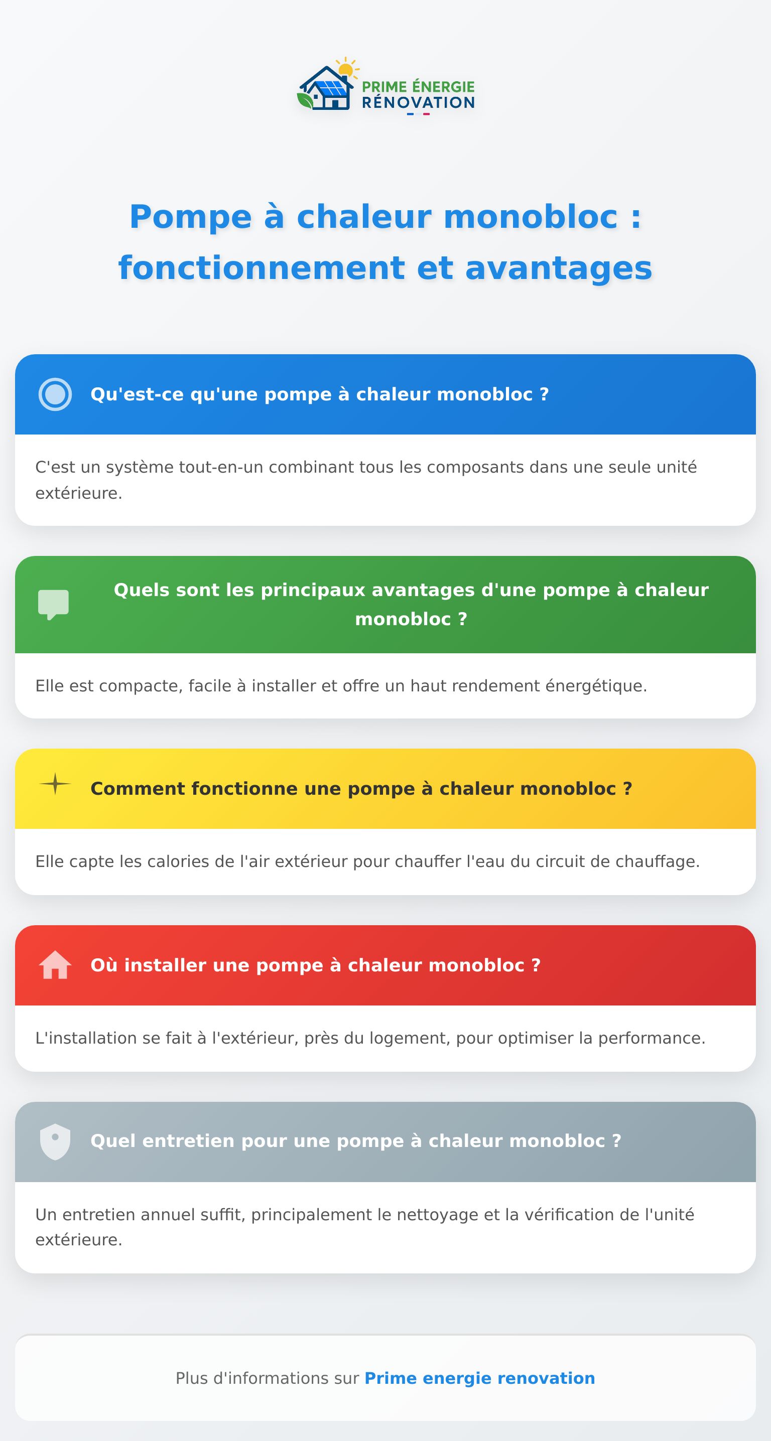 Infographie expliquant pompe chaleur monobloc, fonctionnement, avantages et conseils d’installation
