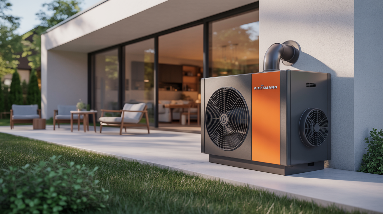 pompe chaleur viessmann installée à l’extérieur d’une maison moderne avec architecture design