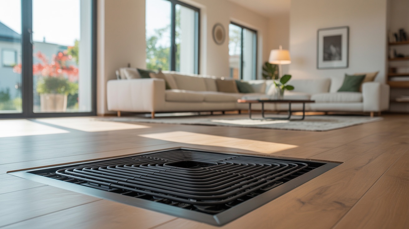 prix chauffage au sol pompe à chaleur visible dans un salon moderne baigné de lumière naturelle