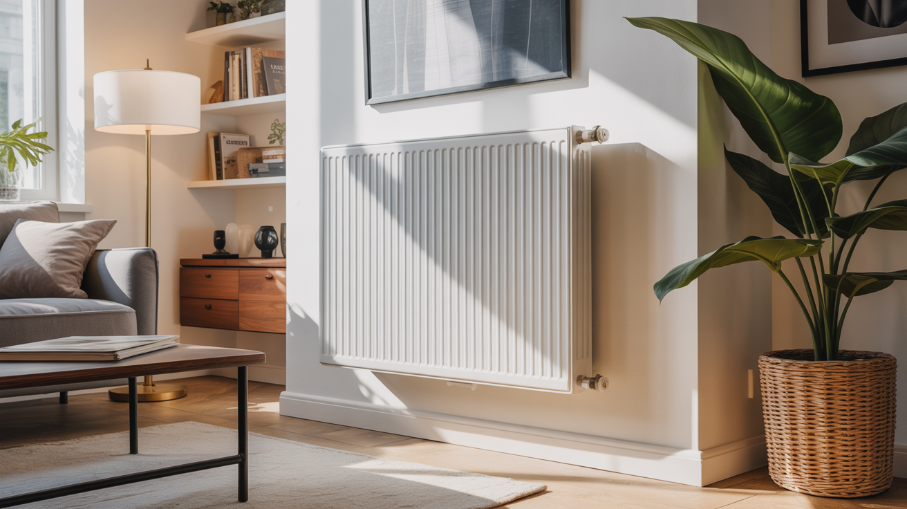 radiateur réversible sans pompe à chaleur installé dans un salon contemporain lumineux