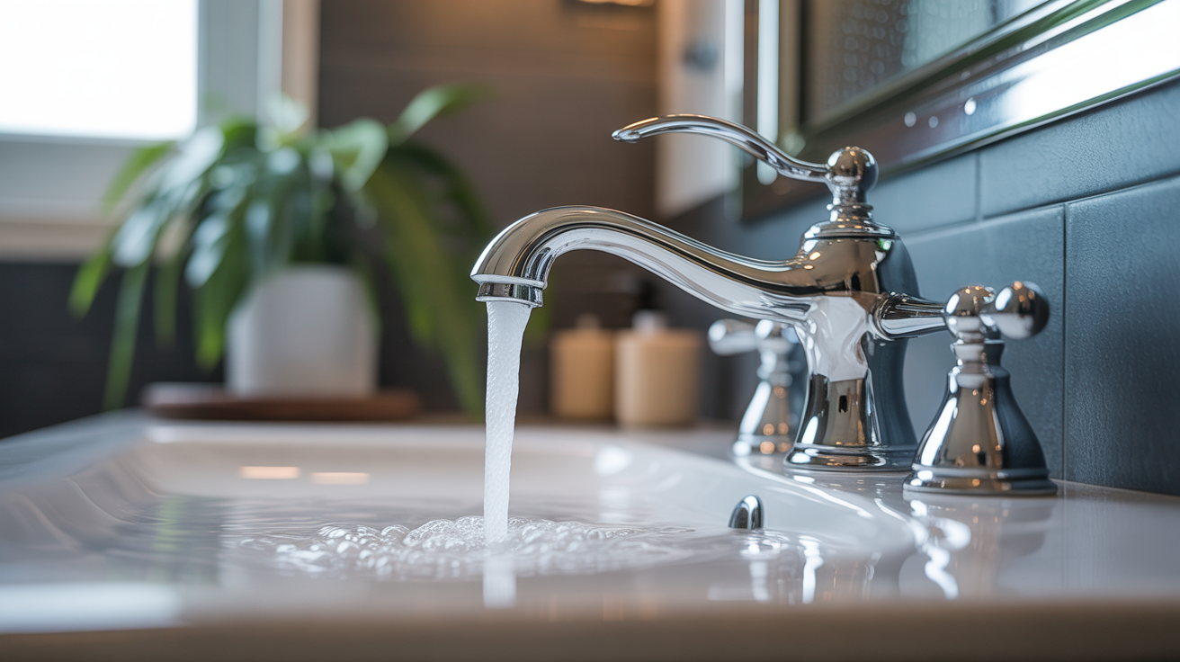 température d eau chaude sanitaire illustrée par de l’eau chaude qui coule d’un robinet moderne dans une salle de bains lumineuse