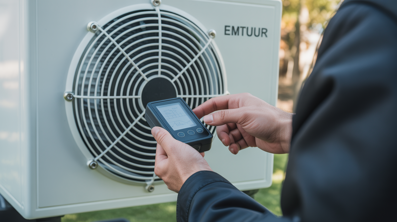 temperature pompe a chaleur mesurée par un technicien sur l’unité extérieure sous lumière naturelle