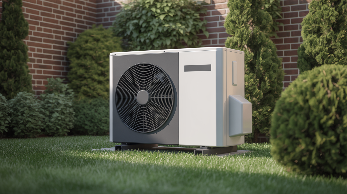 ventilateur pompe à chaleur extérieur installé dans un jardin moderne