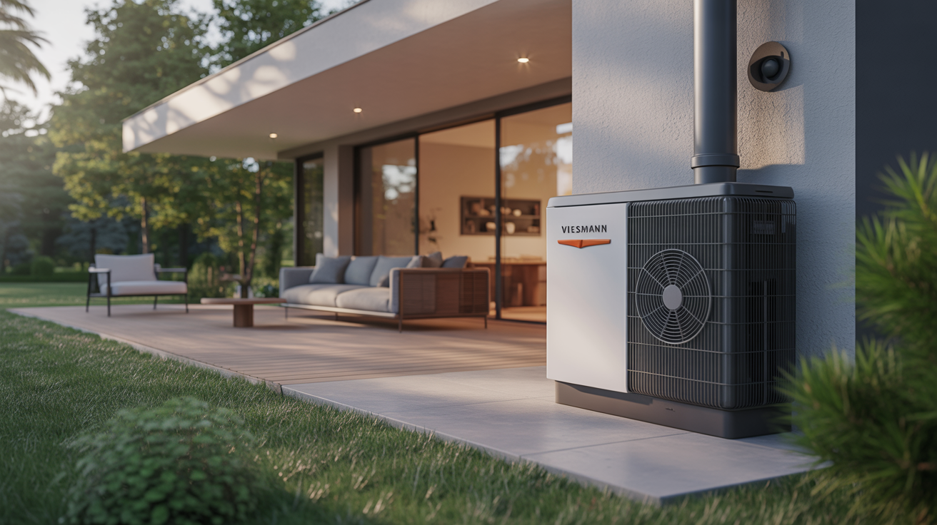 viessmann pompe à chaleur installée devant une maison moderne dans un jardin bien entretenu