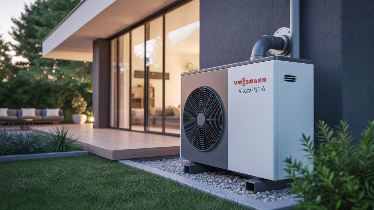 vitocal 151 a prix pompe à chaleur Viessmann installée devant une maison moderne avec jardin