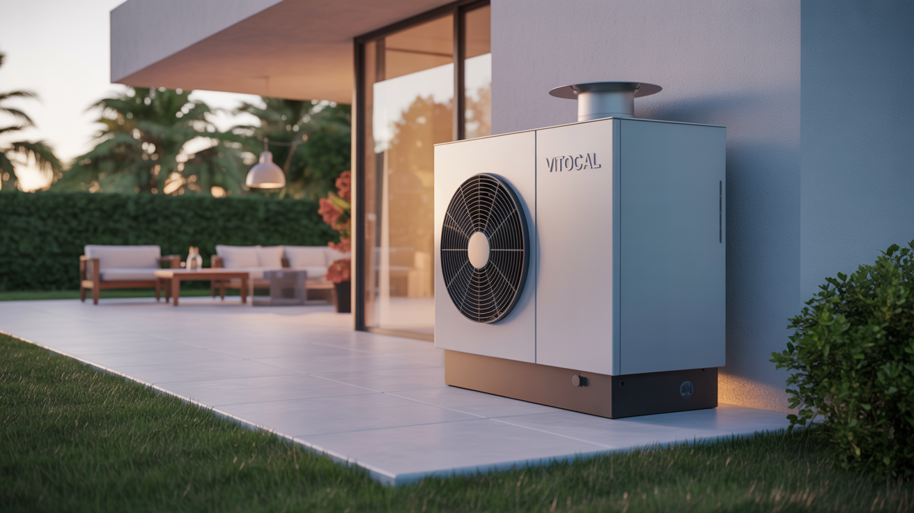 vitocal 250 a prix pompe à chaleur Vitocal 250-A grise installée à l’extérieur d’une maison moderne