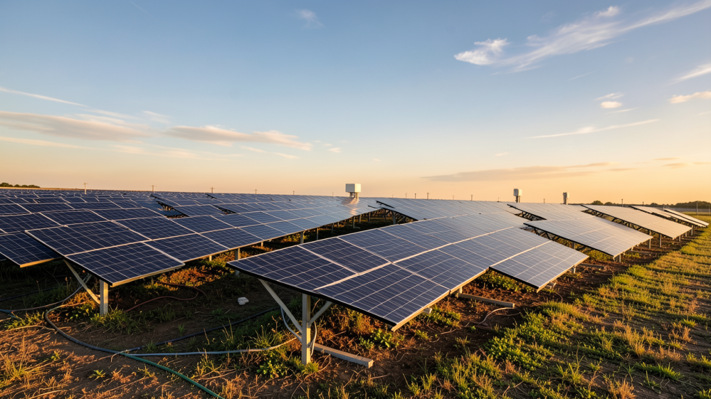 100 kWc centrale solaire photovoltaïque avec panneaux noirs sur un champ dégagé au coucher de soleil