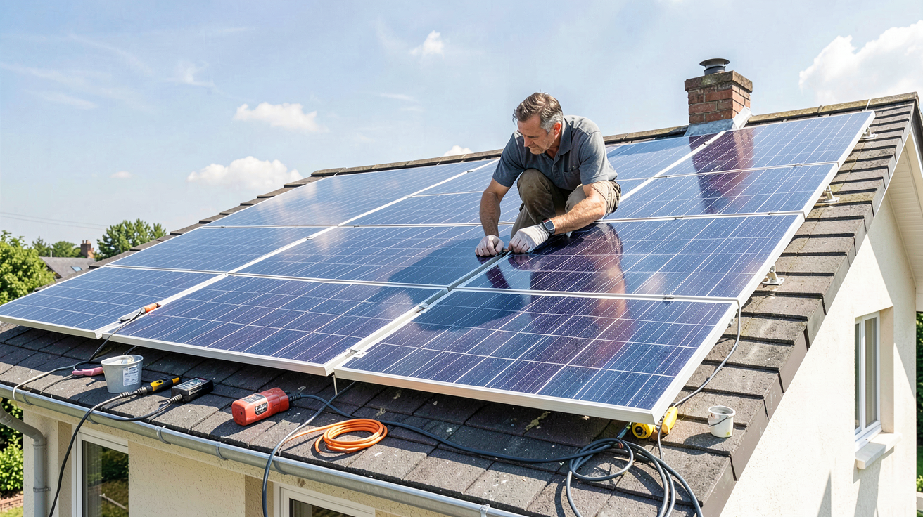 12 panneaux photovoltaiques installés sur un toit de maison par un technicien spécialisé