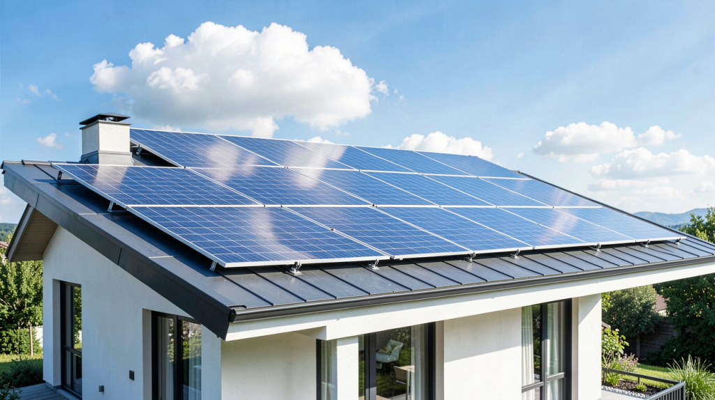 12 panneaux photovoltaiques installés sur le toit d'une maison écologique