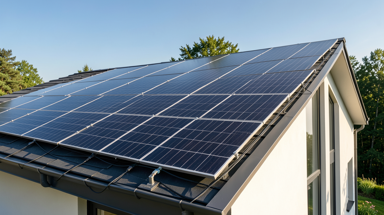 14 panneaux photovoltaïques installés sur le toit d'une maison moderne, illustration des coûts et de la rentabilité en 2025