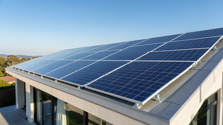 14 panneaux photovoltaïque installés sur le toit d'une maison contemporaine