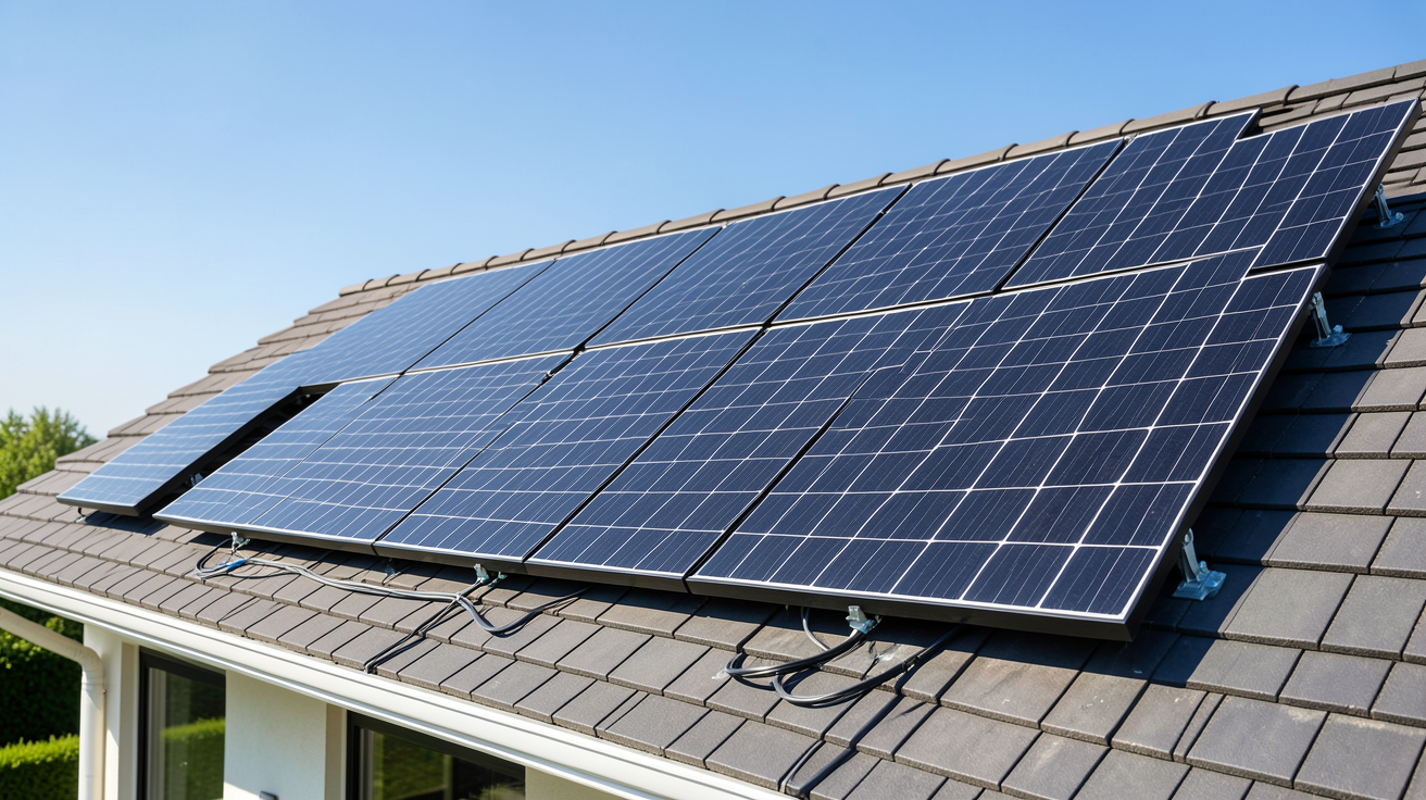 14 panneaux photovoltaïques noirs installés sur le toit d'une maison ensoleillée