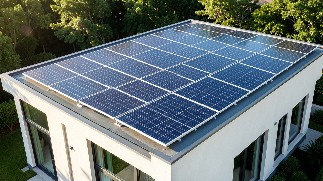 16 panneaux photovoltaiques installés sur la toiture d'une maison moderne sous un ciel dégagé