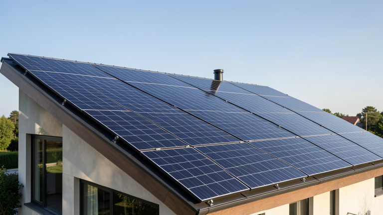 16 panneaux photovoltaiques noirs installés sur le toit d'une maison moderne avec ciel dégagé en arrière-plan