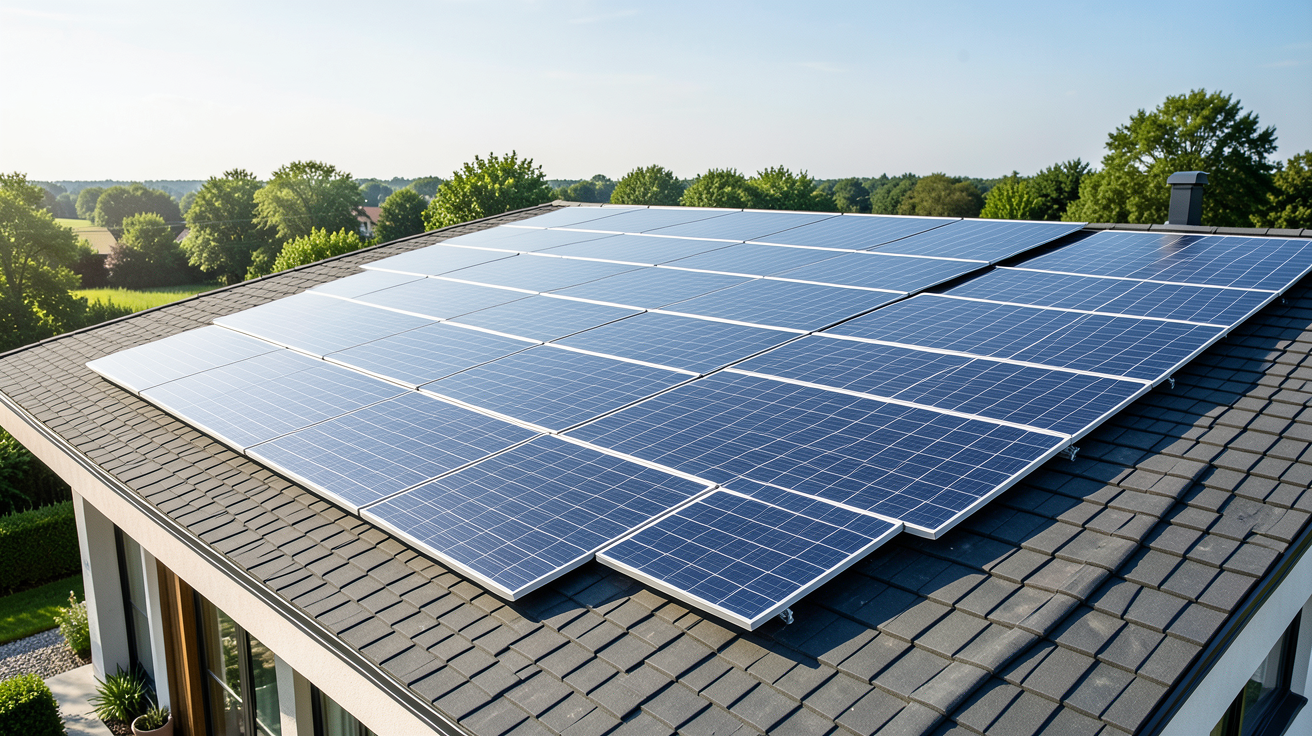 16 panneaux photovoltaiques installés sur la surface d'un toit de maison résidentielle.