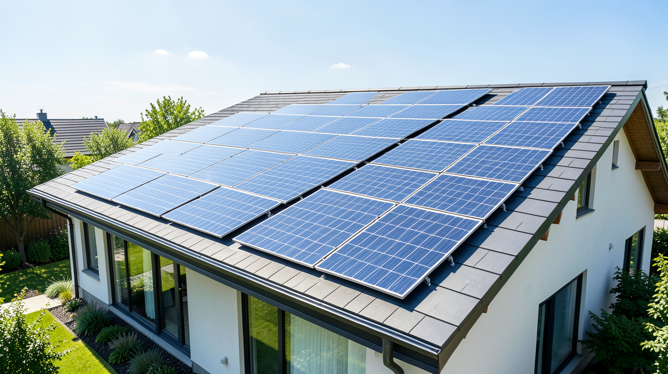 16 panneaux photovoltaiques installés sur le toit d'une maison moderne sous un ciel clair