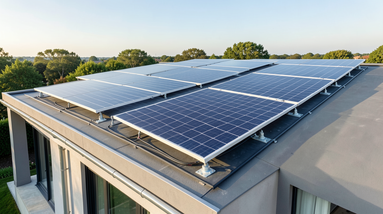 18 panneaux photovoltaïques installés sur le toit d'une maison moderne