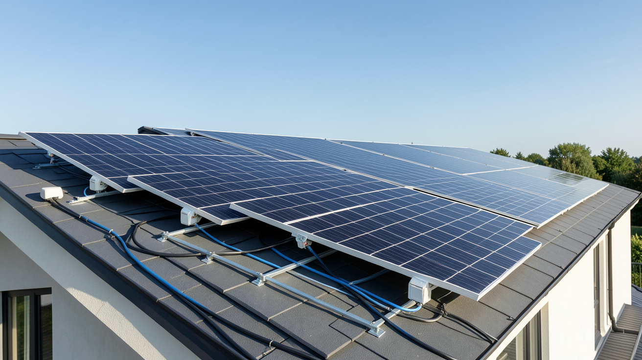 18 panneaux photovoltaïques noirs monocristallins installés sur le toit d'une maison moderne avec kit solaire complet visible