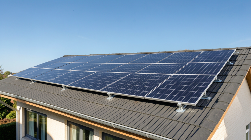 18 panneaux photovoltaïques noirs installés sur le toit d'une maison ensoleillée