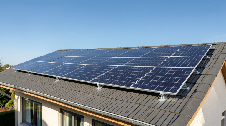 18 panneaux photovoltaïques noirs installés sur le toit d'une maison ensoleillée