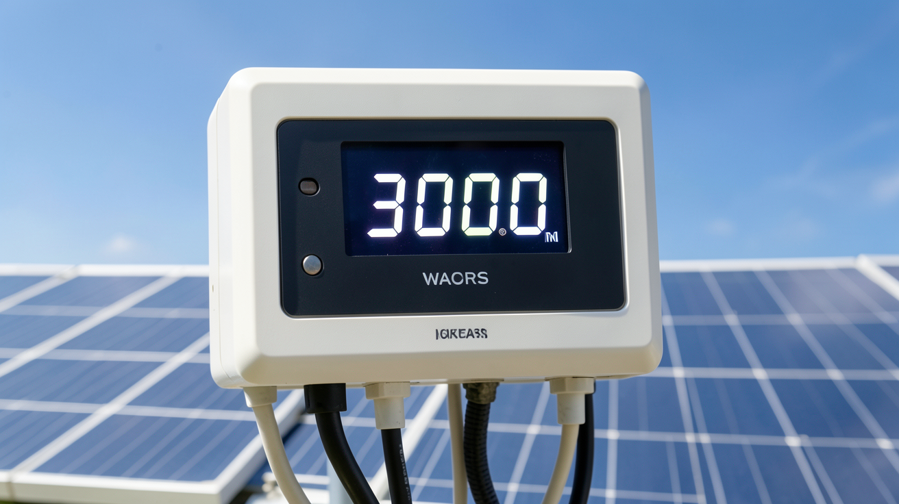 3 kWc en watt : compteur électrique affichant 3000 watts avec un panneau solaire en arrière-plan