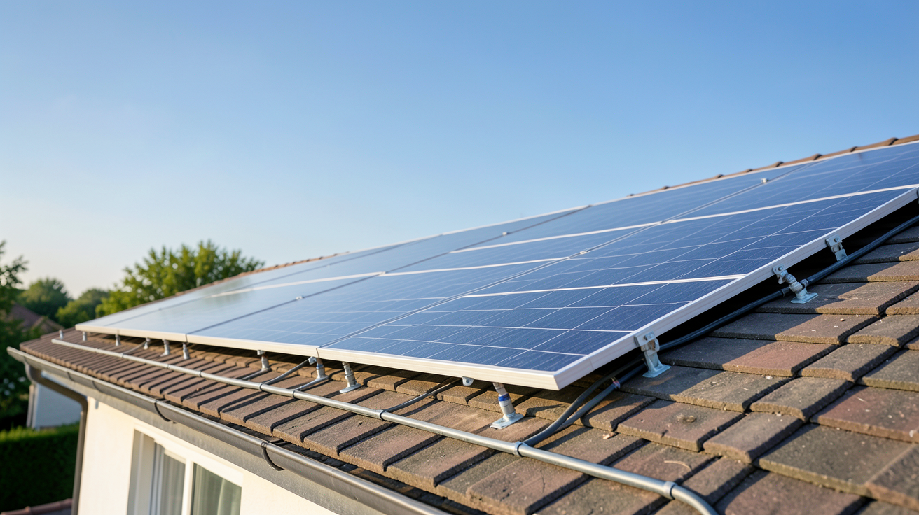 3 kwc de panneaux solaires installés sur le toit d'une maison individuelle, vue en contre-plongée