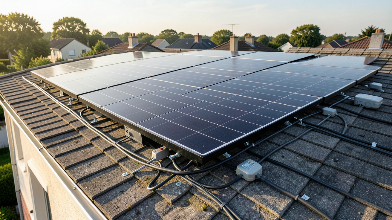 3 kWc photovoltaïque : installation sur toit avec panneaux solaires noirs, câbles et onduleurs, lumière naturelle du matin