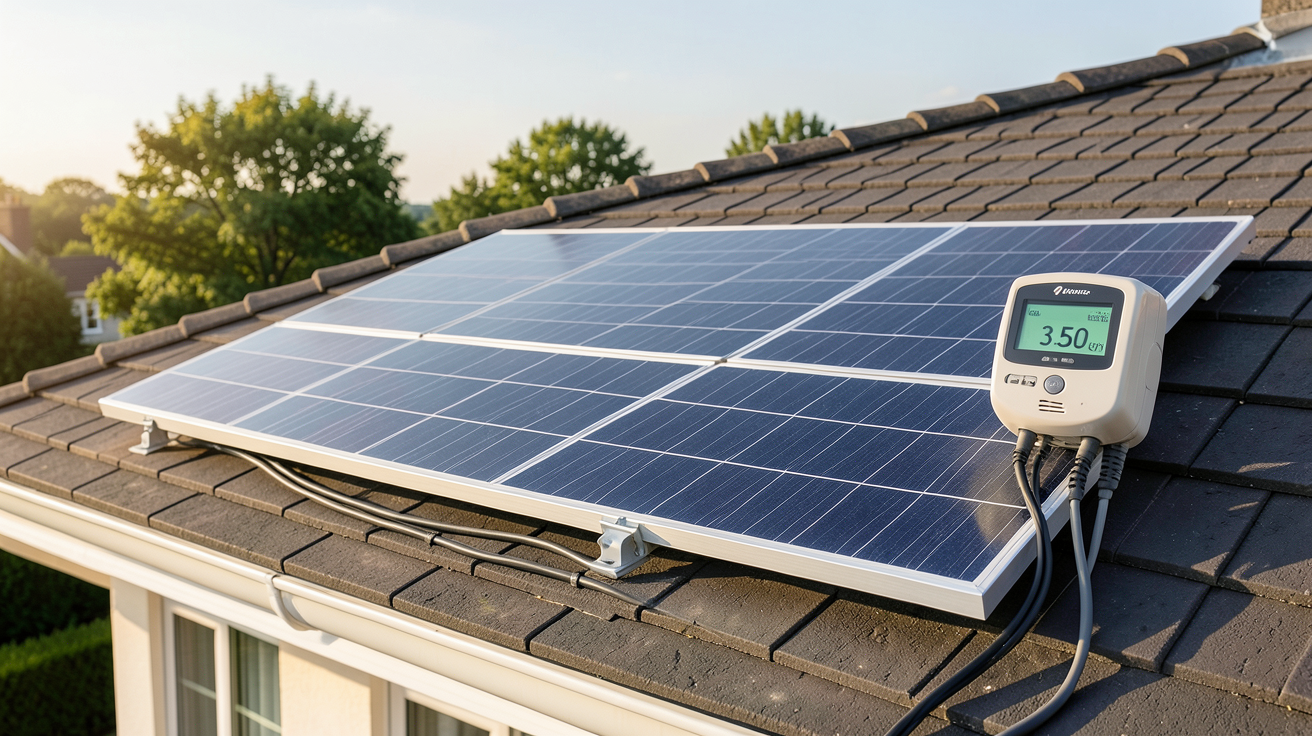 3 kWc photovoltaïque : production annuelle estimée affichée sur un compteur électrique avec un panneau solaire sur toit