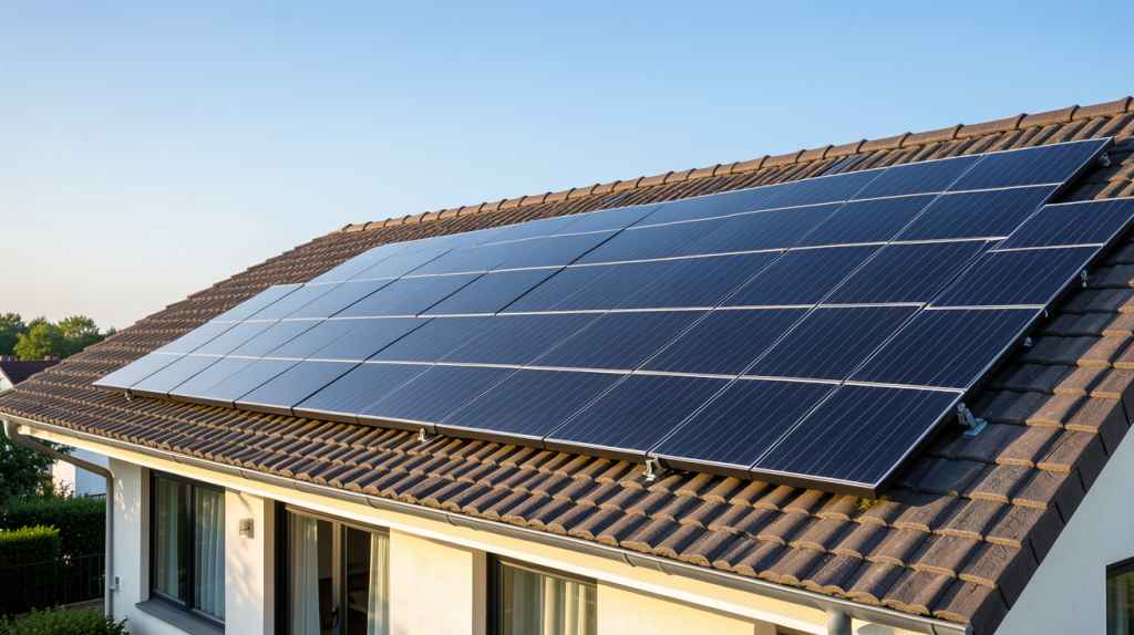 3kwc panneau solaire installés sur le toit d'une maison moderne sous un ciel bleu