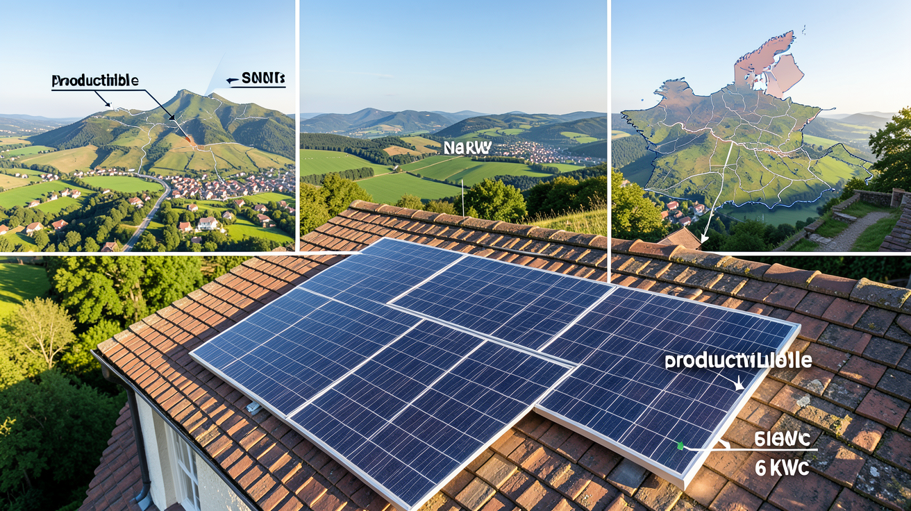 6 kWc en kWh : productible solaire par région française illustré avec un panneau photovoltaïque sur un toit