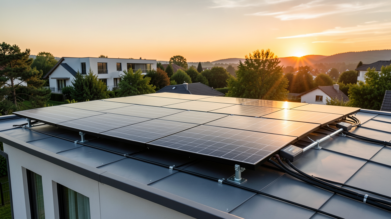 6 kWc installation solaire photovoltaïque sur toit de maison moderne avec panneaux noirs et onduleurs