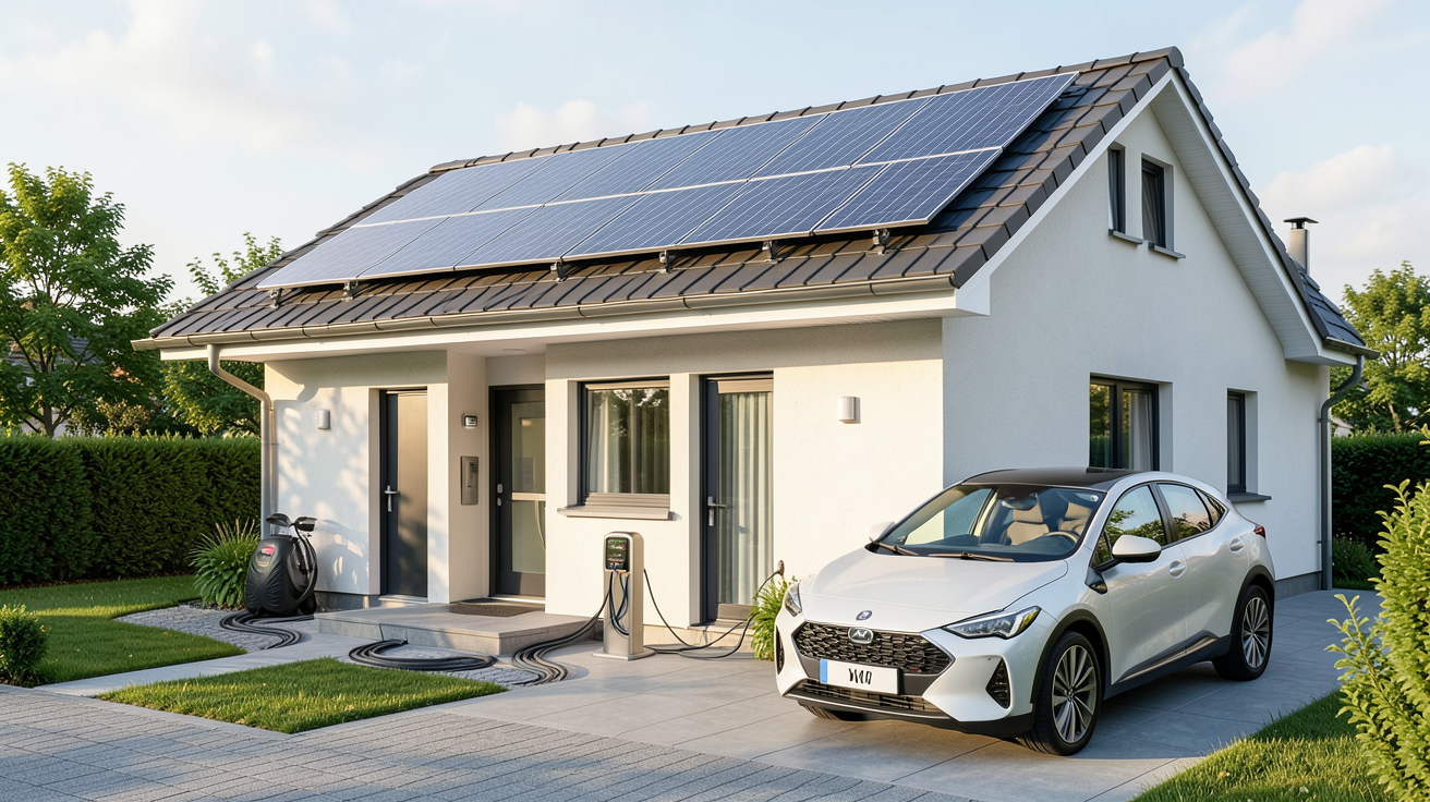 6 kWc de panneaux photovoltaïques installés sur le toit d'une maison avec une voiture électrique en charge