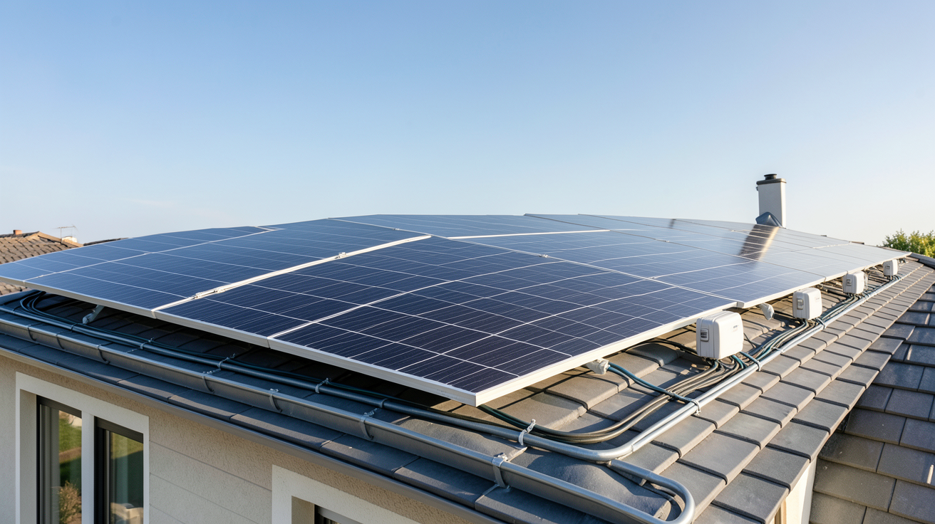 6 kWc installation photovoltaïque sur le toit d'une maison avec une famille en arrière-plan