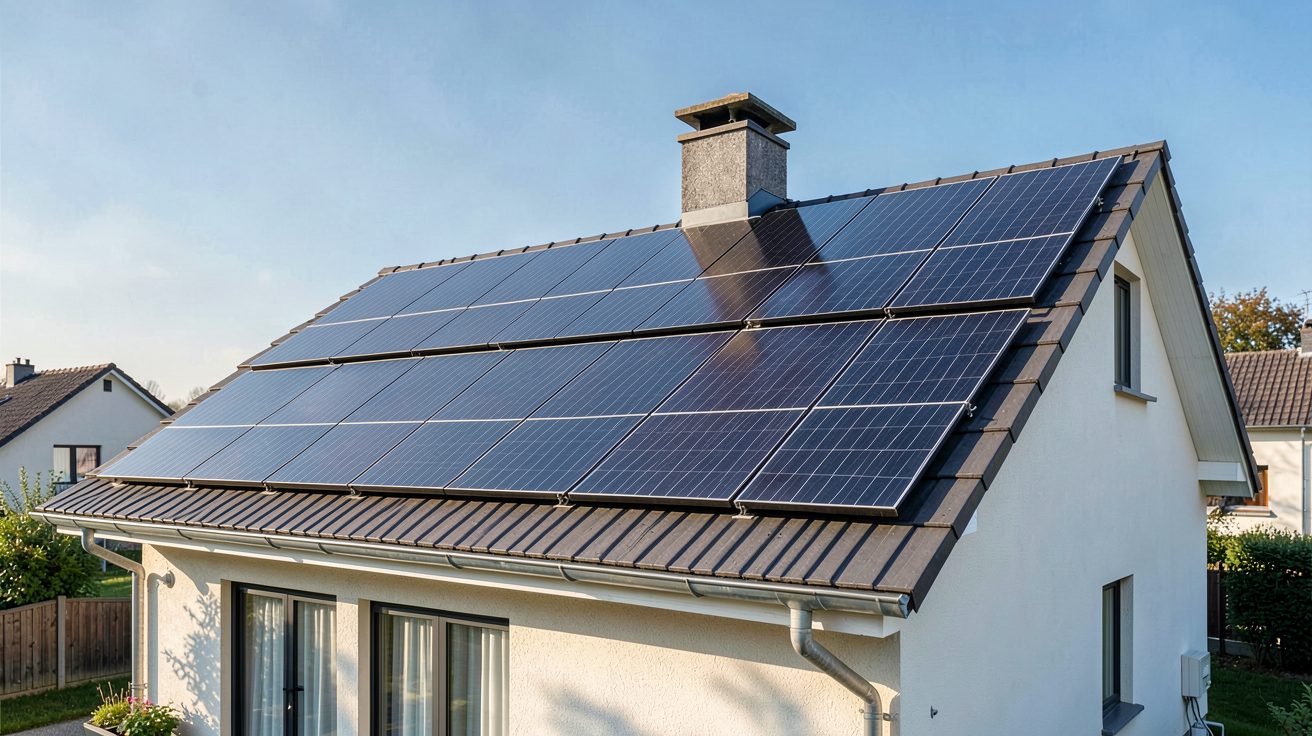 6kWc installation photovoltaïque sur toit de maison de 100 m² avec panneaux solaires noirs brillants