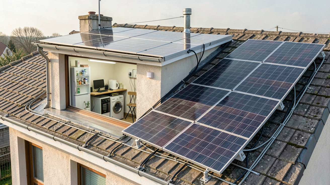 6 kWc installation solaire sur toit de maison avec appareils électroménagers visibles