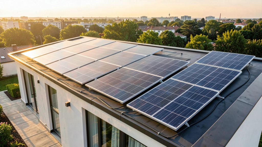 6kwc installation de panneaux solaires de 6 kWc sur le toit d'une maison moderne avec lumière dorée en fin de journée