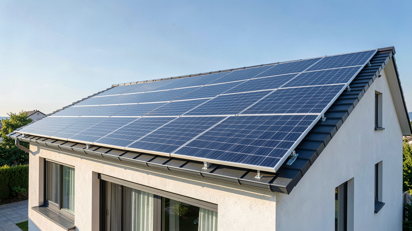 6 kWc panneaux solaires photovoltaïques installés sur le toit d'une maison contemporaine