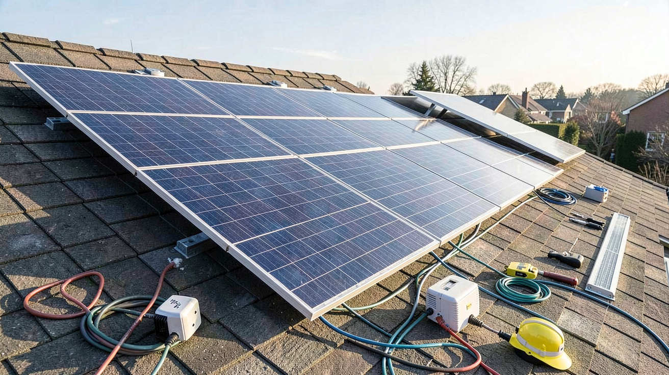 8 panneaux photovoltaïques installés sur un toit résidentiel avec onduleur et câbles visibles