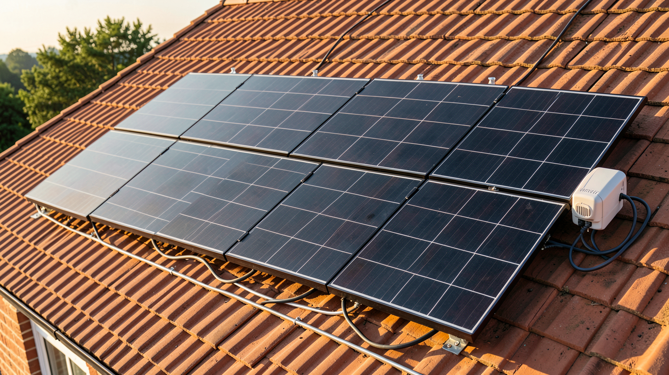 8 panneaux photovoltaïques monocristallins noirs installés sur un toit en tuiles rouges avec onduleur et boîtier de protection