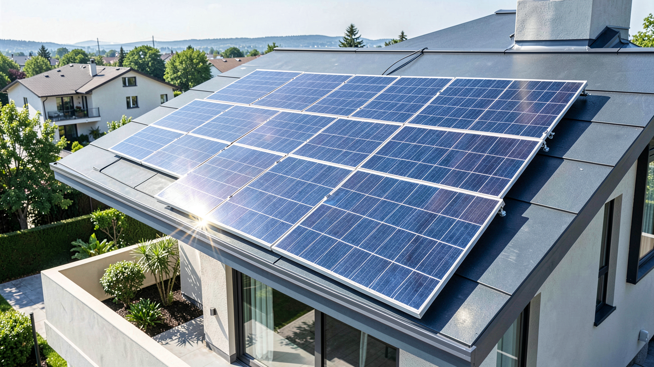 8 panneaux photovoltaiques installés sur le toit d'une maison moderne, montrant le kit complet avec câblage et onduleur, illustrant le coût et les économies potentielles.