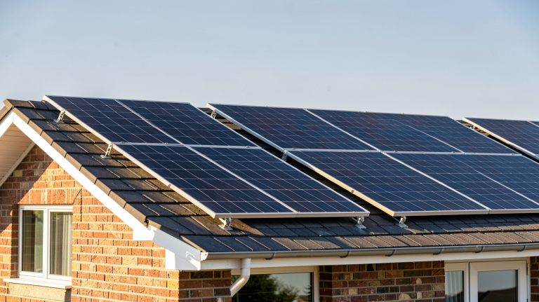 8 panneaux photovoltaiques noirs installés sur le toit d'une maison individuelle sous un ciel dégagé
