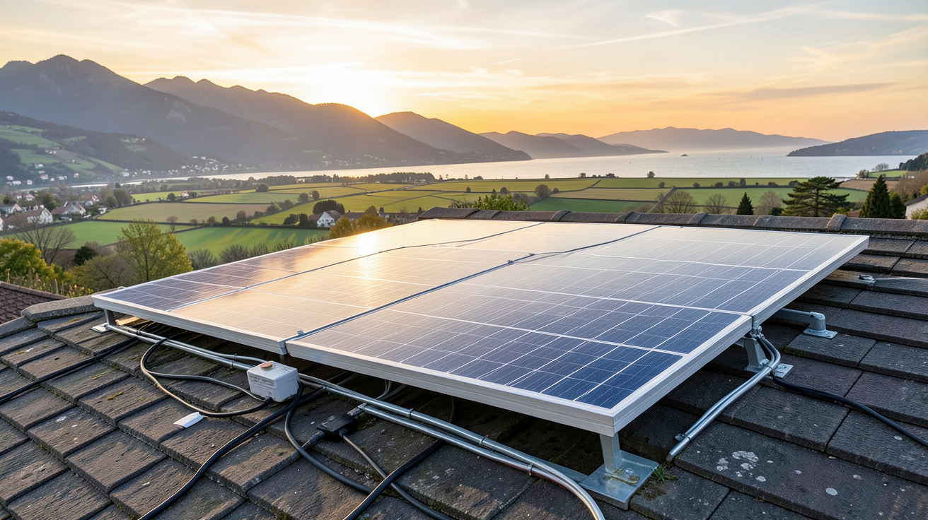 9 kWc en kWh : panneau solaire de 9 kWc installé sur un toit en France avec des paysages régionaux en arrière-plan