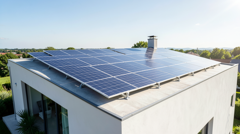 9 kwc en kwh représentés par une installation de panneaux solaires photovoltaïques sur un toit résidentiel moderne.