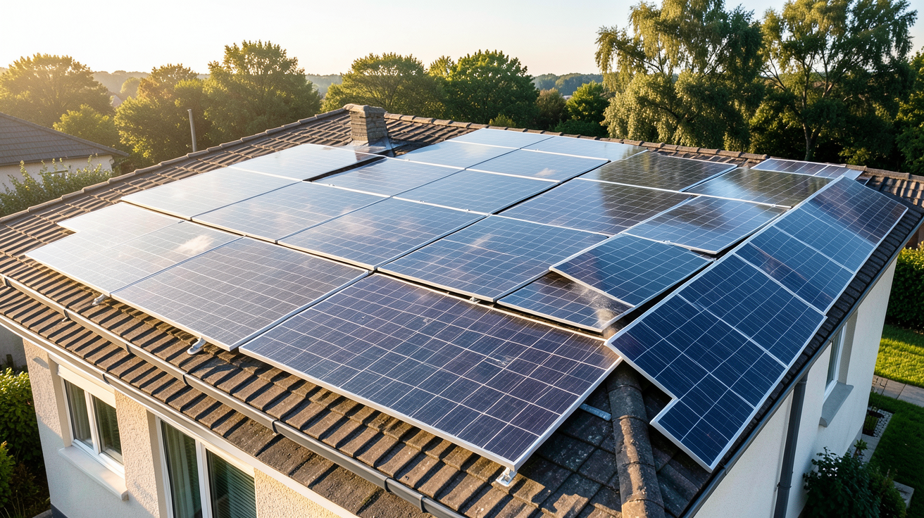 9 kWc en kWh : installation de panneaux solaires sur toit de maison avec pertes énergétiques visibles